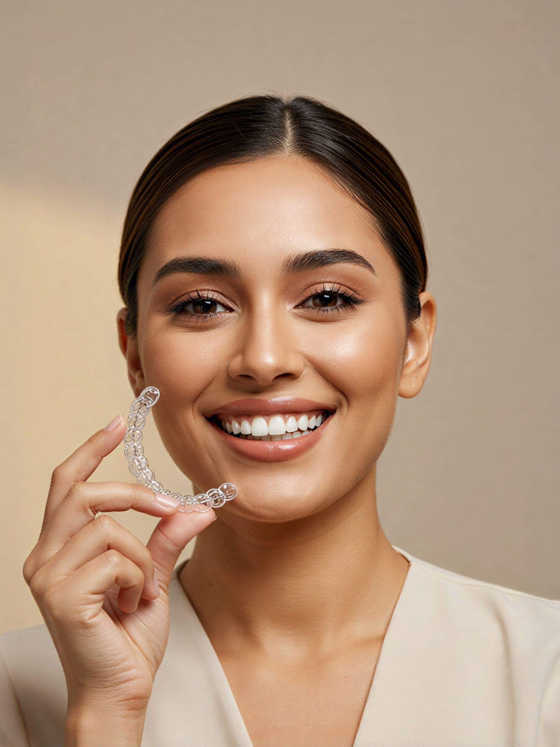 Smiling woman holding a clear aligner