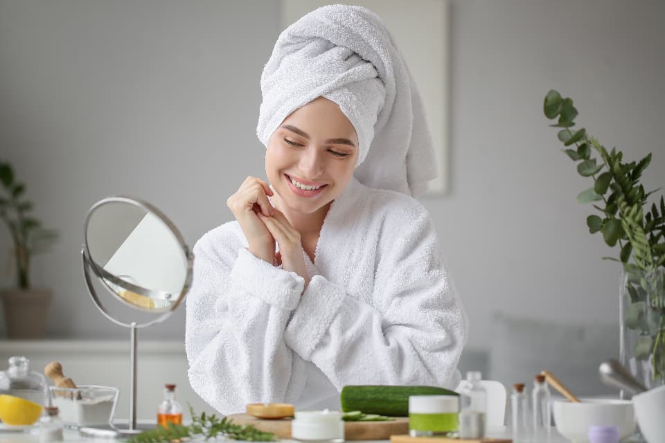 Client in a towelled robe at a skincare consultation mirror